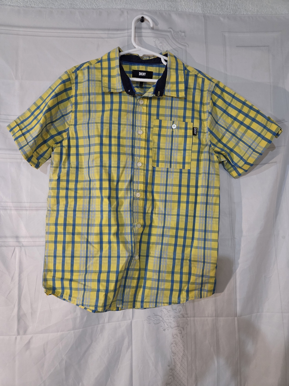 Boys DKNY Yellow and Blue Plaid Short-Sleeve Button-Down Shirt